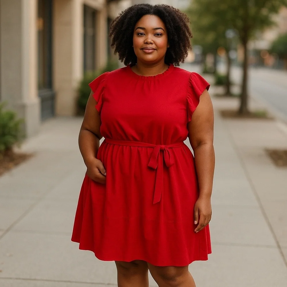 SHEIN Curve Sleeveless Ruffle Neck Belted Midi Red Dress Back Button Size 2XL - Picture 1 of 11